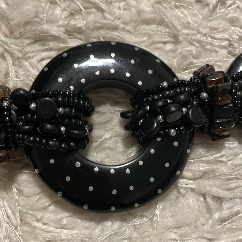 Chico's Black Silver Polka Dot Beaded Adjustable Leather Belt